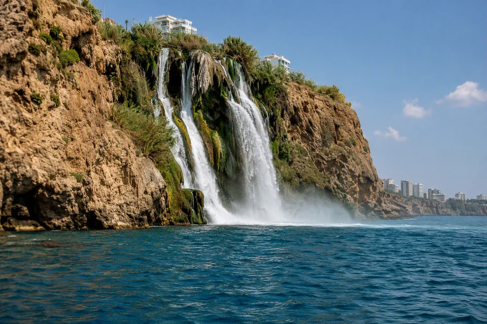 Lower Duden waterfall seen from the Mediterranean with Antalya cliffs above, AI recreation