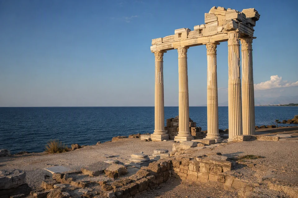 Apollo Temple columns on Side's real Mediterranean seaside promontory, AI recreation