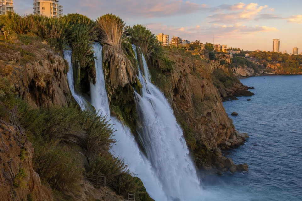 Warm evening light on Lower Duden Waterfall and the Mediterranean, AI recreation