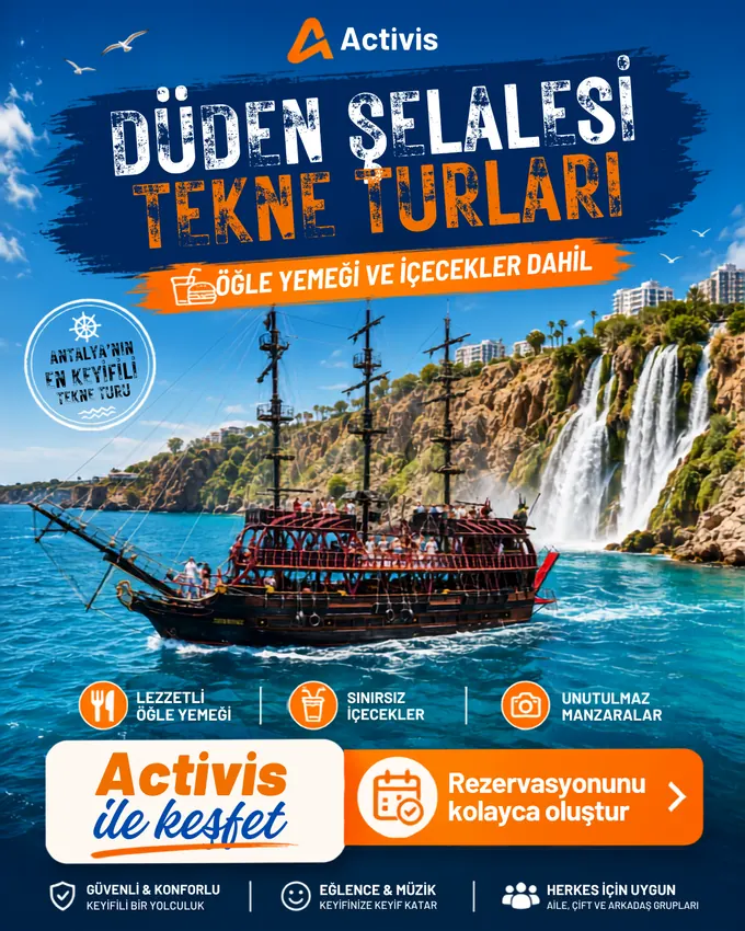 Activis Düden waterfall boat tour poster: a boat in front of the falls, lunch included